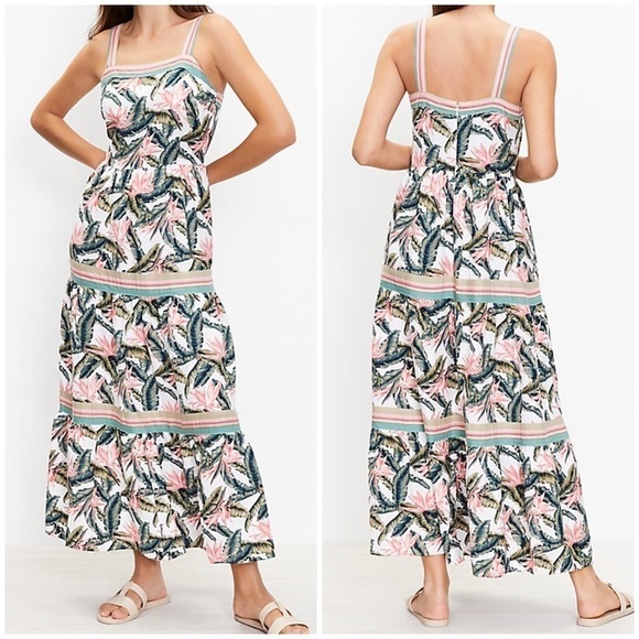 Loft Paradise Tropical Palm Tiered Maxi Dress Linen Hawaii Pink Green White Sz 4 - Picture 1 of 13